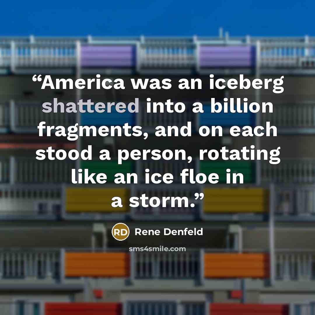 “America was an iceberg shattered into a billion fragments, and on each stood a person, rotating like an ice floe in a storm.” quote by Rene Denfeld