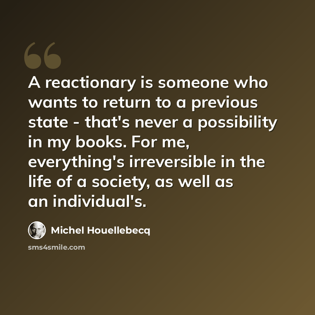 “A reactionary is someone who wants to return to a previous state - that's never a possibility in my books. For me, everything's irreversible in the life of a society, as well as an individual's.” quote by Michel Houellebecq