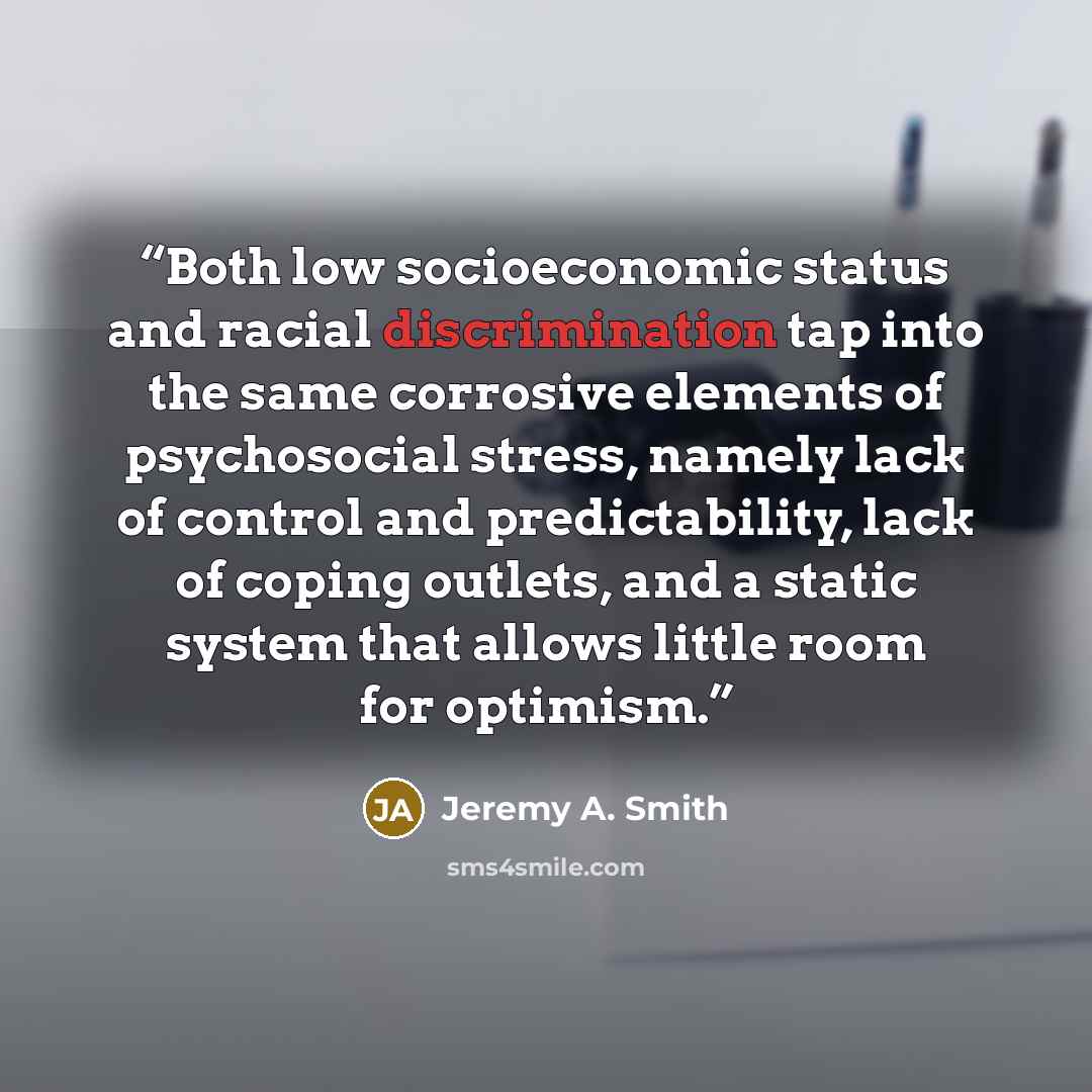 “Both low socioeconomic status and racial discrimination tap into the same corrosive elements of psychosocial stress, namely lack of control and predictability, lack of coping outlets, and a static system that allows little room for optimism.” quote by Jeremy A. Smith