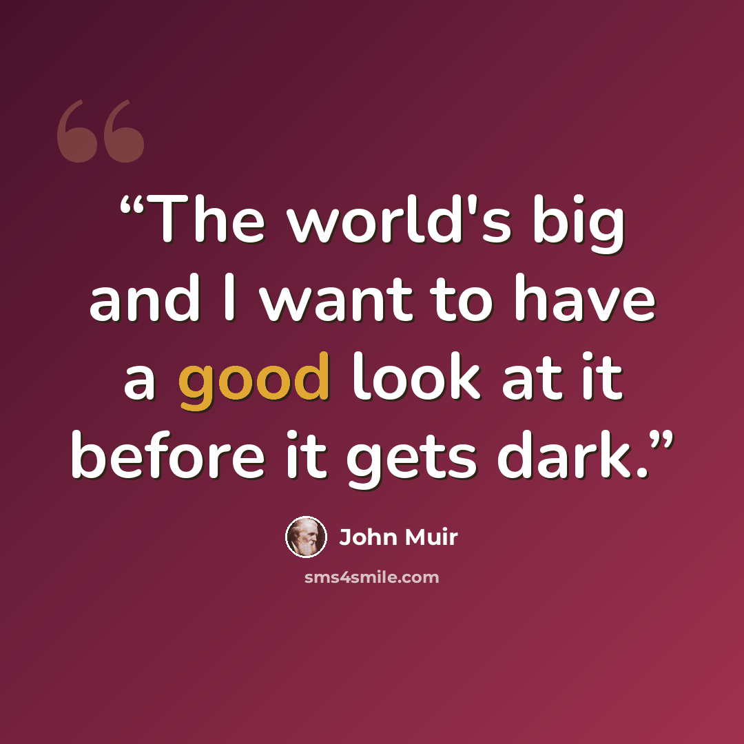 “The world's big and I want to have a good look at it before it gets dark.” quote by John Muir
