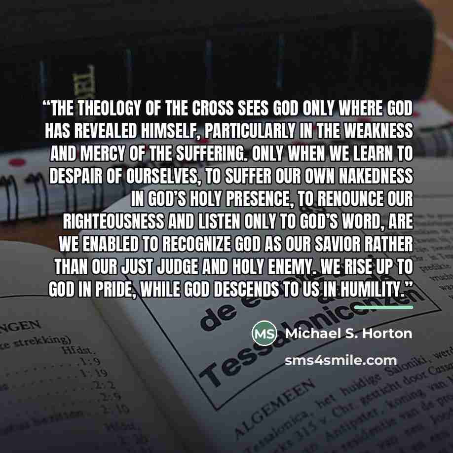 “the theology of the cross sees God only where God has revealed himself, particularly in the weakness and mercy of the suffering. Only when we learn to despair of ourselves, to suffer our own nakedness in God’s holy presence, to renounce our righteousness and listen only to God’s Word, are we…” quote by Michael S. Horton