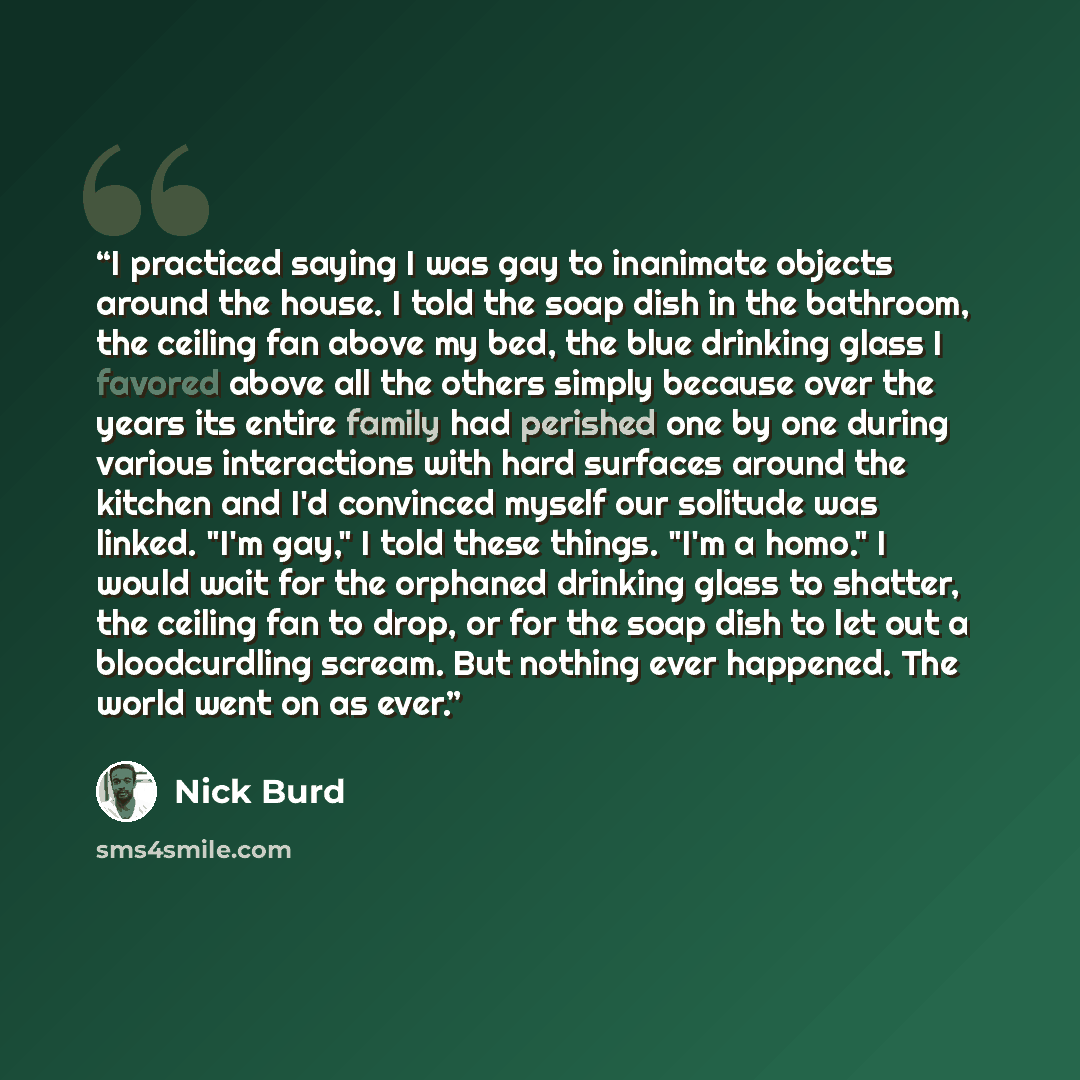 “I practiced saying I was gay to inanimate objects around the house. I told the soap dish in the bathroom, the ceiling fan above my bed, the blue drinking glass I favored above all the others simply because over the years its entire family had perished one by one during various interactions with…” quote by Nick Burd