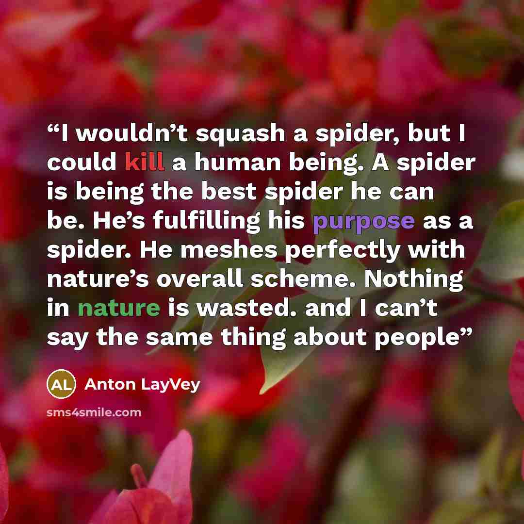 “I wouldn’t squash a spider, but I could kill a human being. A spider is being the best spider he can be. He’s fulfilling his purpose as a spider. He meshes perfectly with nature’s overall scheme. Nothing in nature is wasted. and I can’t say the same thing about people” quote by Anton LayVey