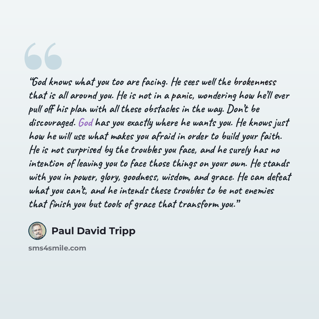 “God knows what you too are facing. He sees well the brokenness that is all around you. He is not in a panic, wondering how he’ll ever pull off his plan with all these obstacles in the way. Don’t be discouraged. God has you exactly where he wants you. He knows just how he will use what makes you…” quote by Paul David Tripp