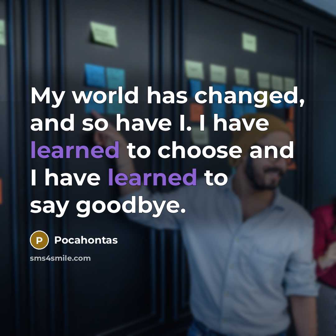 “My world has changed, and so have I. I have learned to choose and I have learned to say goodbye.” quote by Pocahontas