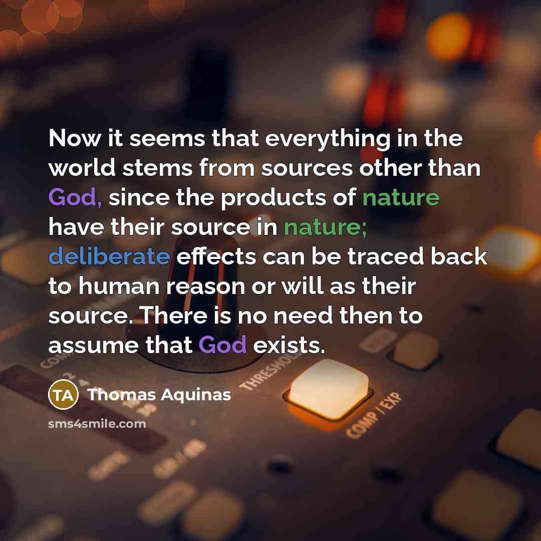 “Now it seems that everything in the world stems from sources other than God, since the products of nature have their source in nature; deliberate effects can be traced back to human reason or will as their source. There is no need then to assume that God exists.” quote by Thomas Aquinas