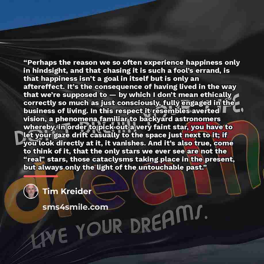 “Perhaps the reason we so often experience happiness only in hindsight, and that chasing it is such a fool’s errand, is that happiness isn’t a goal in itself but is only an aftereffect. It’s the consequence of having lived in the way that we’re supposed to — by which I don’t mean ethically…” quote by Tim Kreider