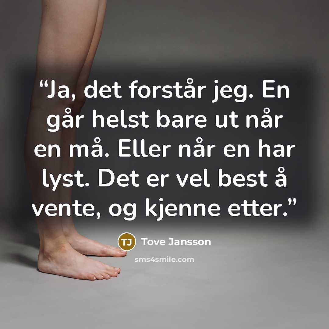 “Ja, det forstår jeg. En går helst bare ut når en må. Eller når en har lyst. Det er vel best å vente, og kjenne etter.” quote by Tove Jansson