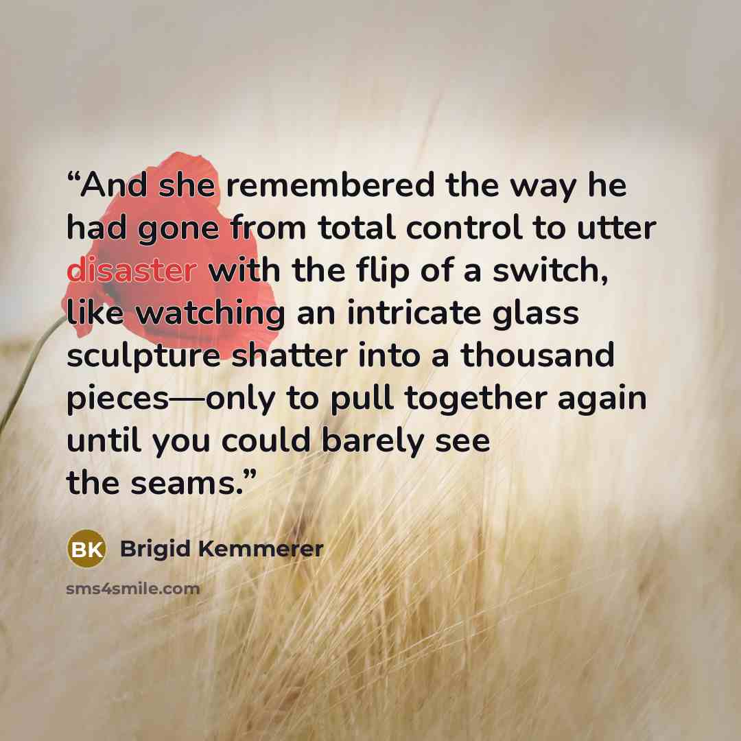“And she remembered the way he had gone from total control to utter disaster with the flip of a switch, like watching an intricate glass sculpture shatter into a thousand pieces—only to pull together again until you could barely see the seams.” quote by Brigid Kemmerer