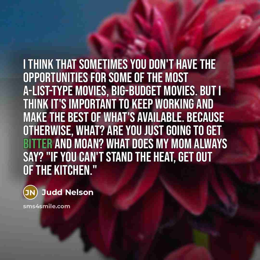 “I think that sometimes you don't have the opportunities for some of the most A-list-type movies, big-budget movies. But I think it's important to keep working and make the best of what's available. Because otherwise, what? Are you just going to get bitter and moan? What does my mom always say? "If…” quote by Judd Nelson