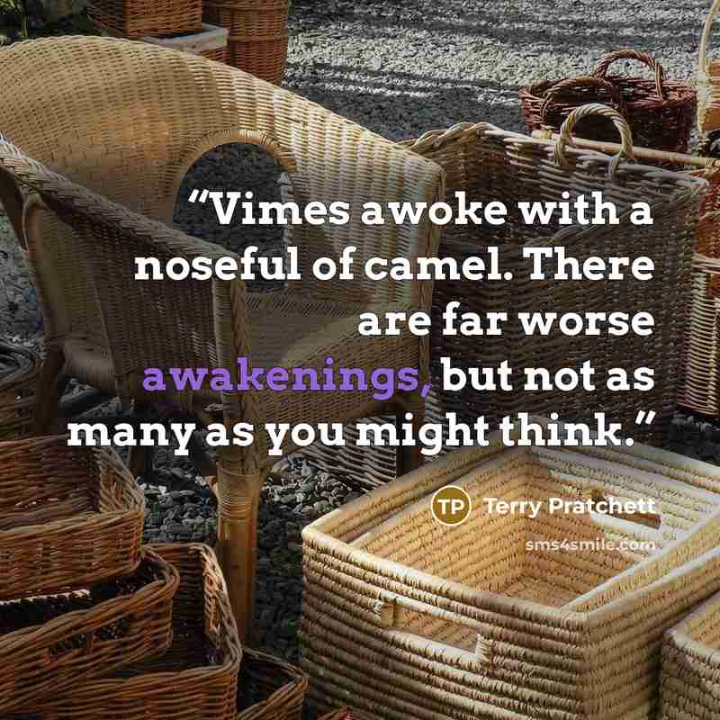 “Vimes awoke with a noseful of camel. There are far worse awakenings, but not as many as you might think.” quote by Terry Pratchett