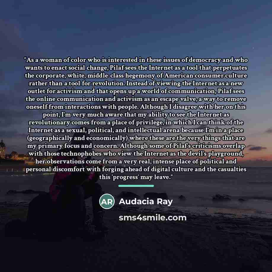“As a woman of color who is interested in these issues of democracy and who wants to enact social change, Pilaf sees the Internet as a tool that perpetuates the corporate, white, middle-class hegemony of American consumer culture rather than a tool for revolution. Instead of viewing the Internet as…” quote by Audacia Ray