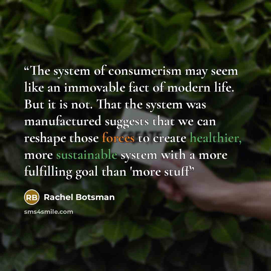 “The system of consumerism may seem like an immovable fact of modern life. But it is not. That the system was manufactured suggests that we can reshape those forces to create healthier, more sustainable system with a more fulfilling goal than 'more stuff” quote by Rachel Botsman