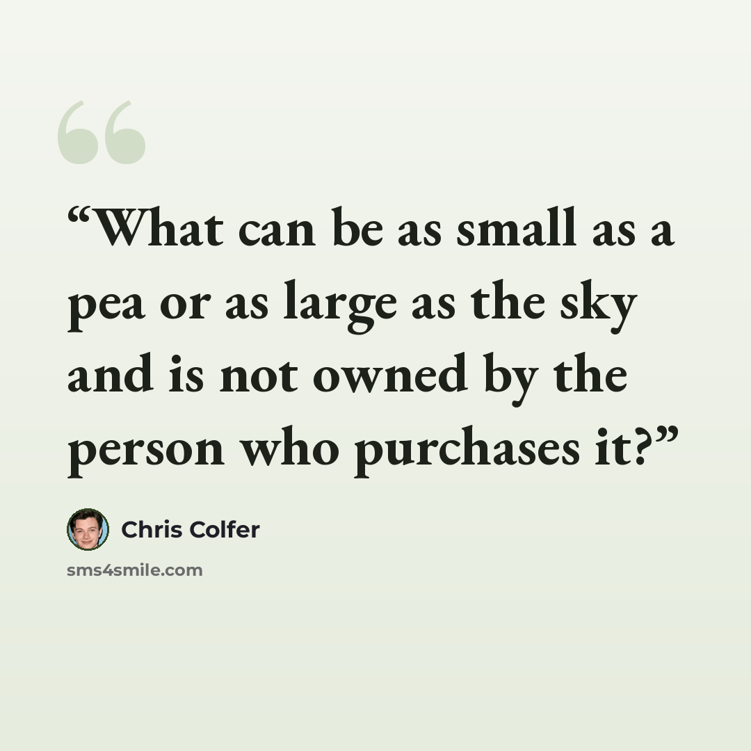“What can be as small as a pea or as large as the sky and is not owned by the person who purchases it?” quote by Chris Colfer