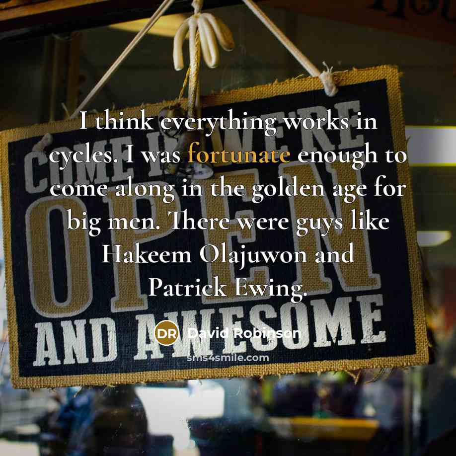 “I think everything works in cycles. I was fortunate enough to come along in the golden age for big men. There were guys like Hakeem Olajuwon and Patrick Ewing.” quote by David Robinson