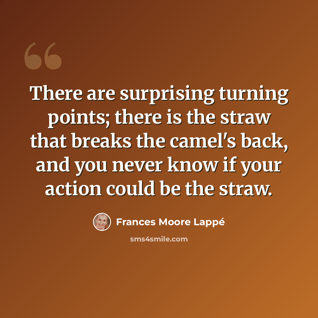 “There are surprising turning points; there is the straw that breaks the camel's back, and you never know if your action could be the straw.” quote by Frances Moore Lappé