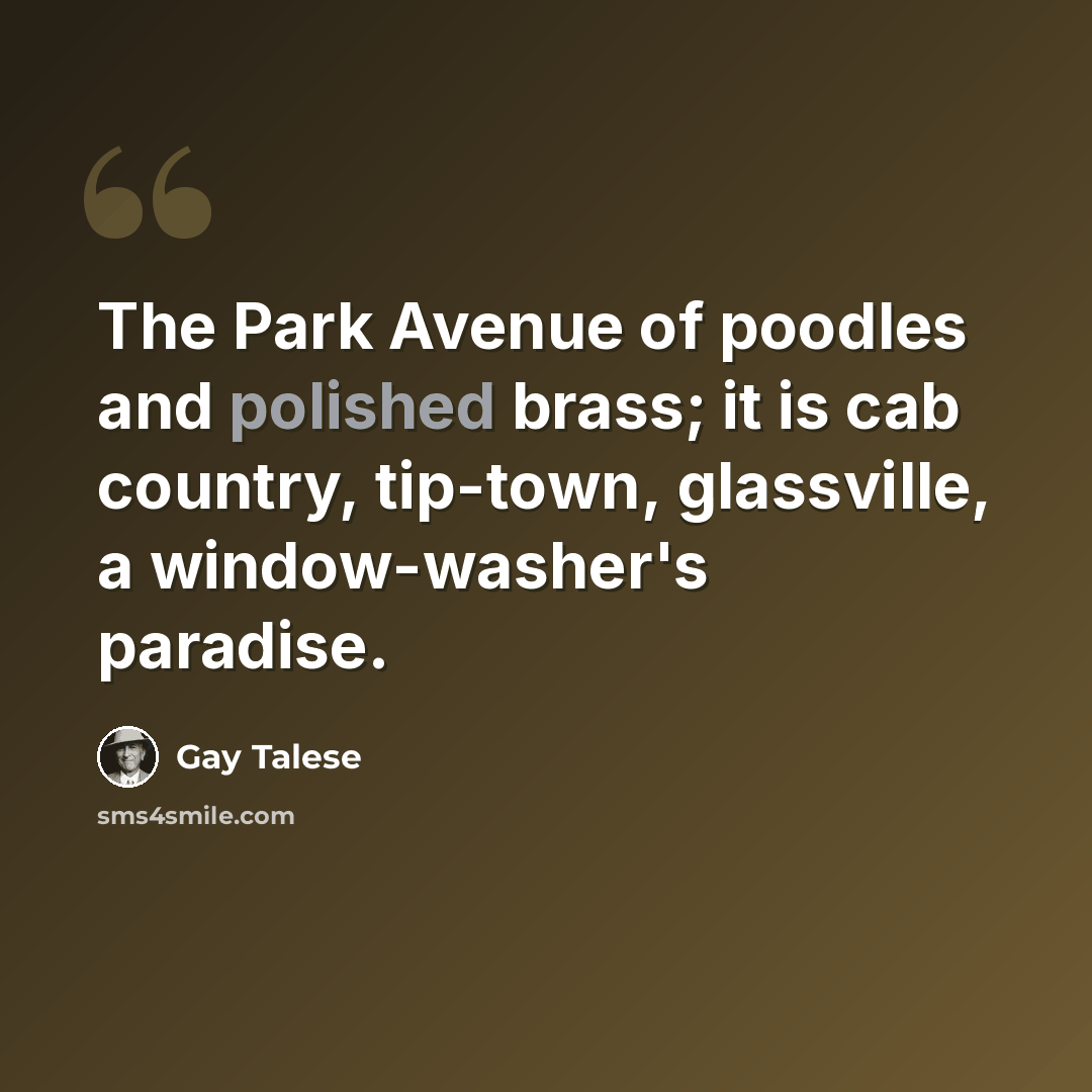 “The Park Avenue of poodles and polished brass; it is cab country, tip-town, glassville, a window-washer's paradise.” quote by Gay Talese