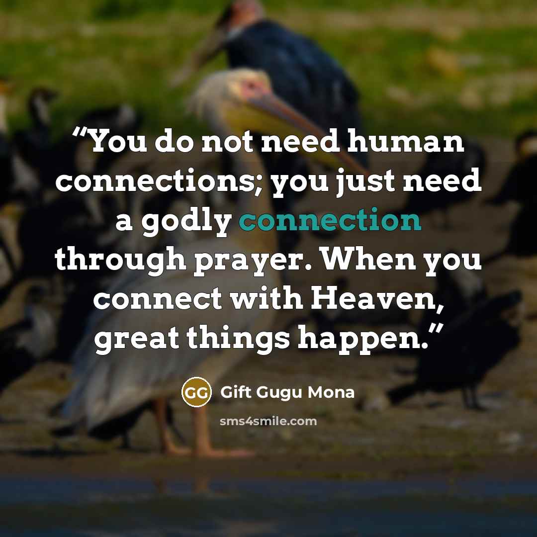 “You do not need human connections; you just need a godly connection through prayer. When you connect with Heaven, great things happen.” quote by Gift Gugu Mona