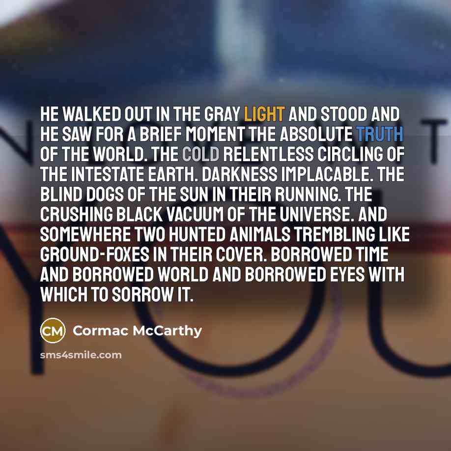 “He walked out in the gray light and stood and he saw for a brief moment the absolute truth of the world. The cold relentless circling of the intestate earth. Darkness implacable. The blind dogs of the sun in their running. The crushing black vacuum of the universe. And somewhere two hunted animals…” quote by Cormac McCarthy
