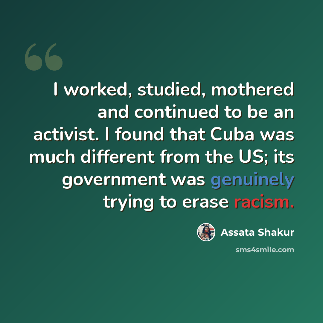 “I worked, studied, mothered and continued to be an activist. I found that Cuba was much different from the US; its government was genuinely trying to erase racism.” quote by Assata Shakur