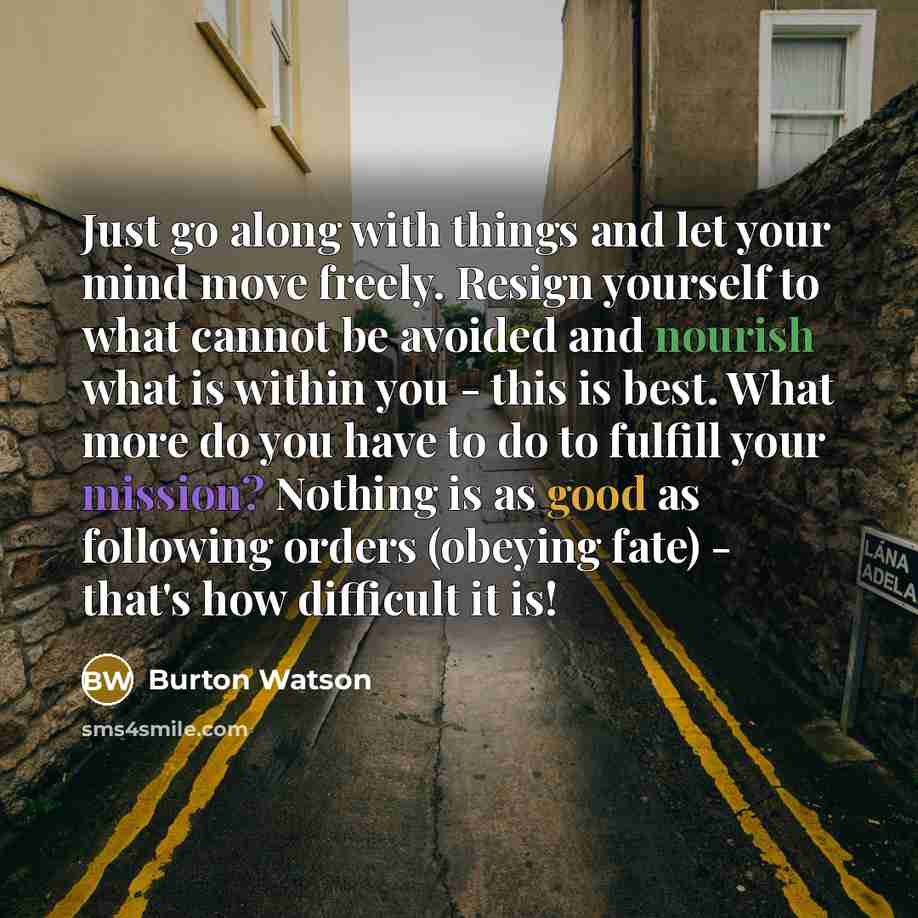 “Just go along with things and let your mind move freely. Resign yourself to what cannot be avoided and nourish what is within you - this is best. What more do you have to do to fulfill your mission? Nothing is as good as following orders (obeying fate) - that's how difficult it is!” quote by Burton Watson