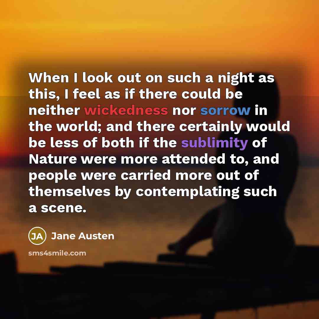 “When I look out on such a night as this, I feel as if there could be neither wickedness nor sorrow in the world; and there certainly would be less of both if the sublimity of Nature were more attended to, and people were carried more out of themselves by contemplating such a scene.” quote by Jane Austen