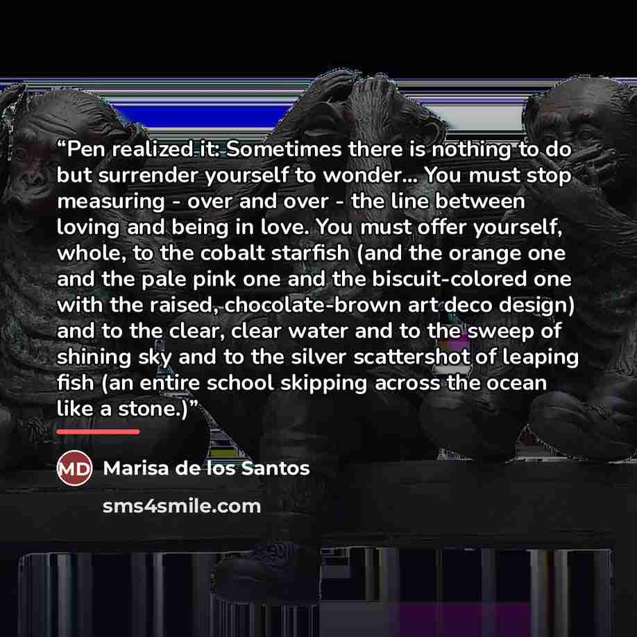 “Pen realized it: Sometimes there is nothing to do but surrender yourself to wonder... You must stop measuring - over and over - the line between loving and being in love. You must offer yourself, whole, to the cobalt starfish (and the orange one and the pale pink one and the biscuit-colored one…” quote by Marisa de los Santos