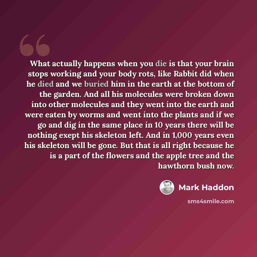 “What actually happens when you die is that your brain stops working and your body rots, like Rabbit did when he died and we buried him in the earth at the bottom of the garden. And all his molecules were broken down into other molecules and they went into the earth and were eaten by worms and went…” quote by Mark Haddon