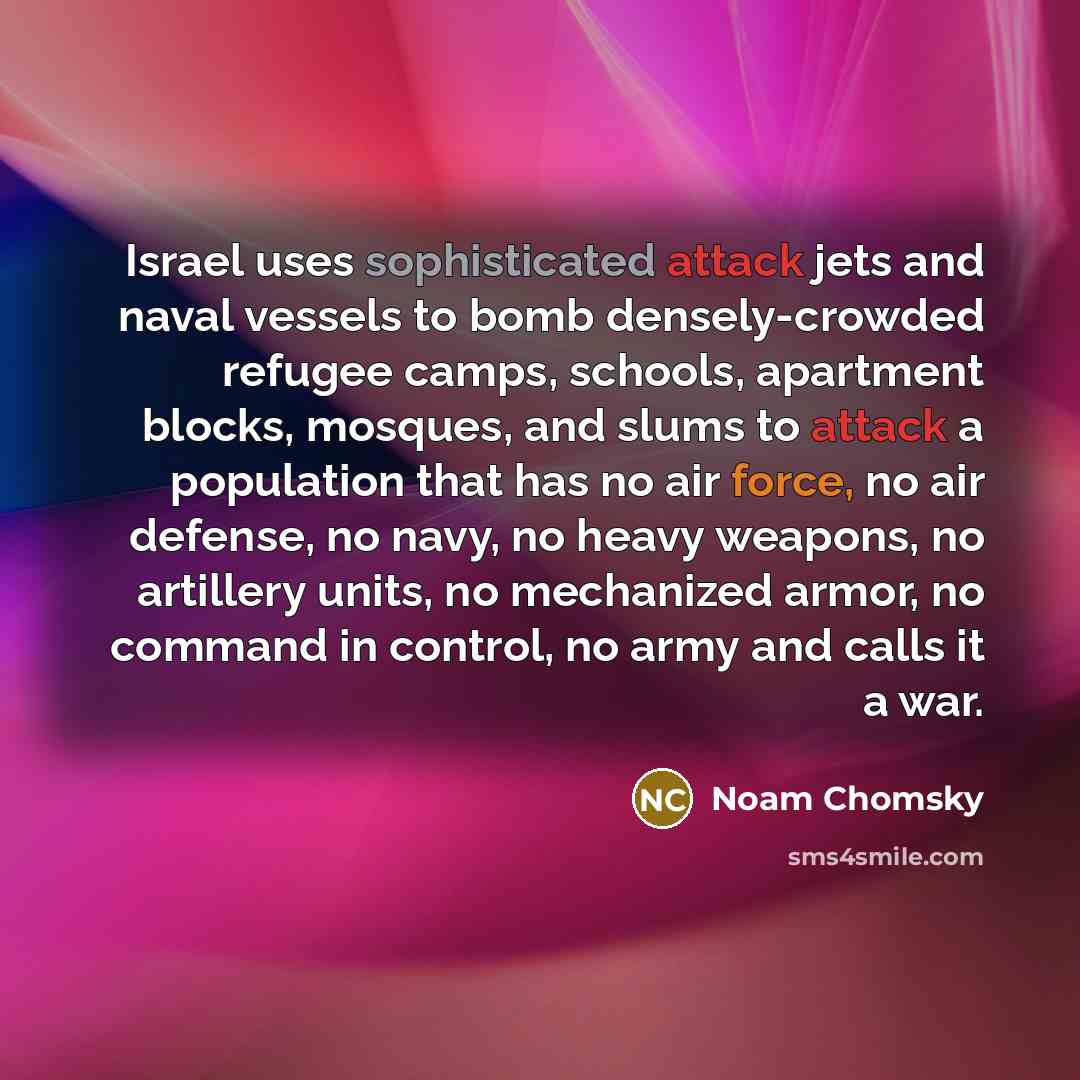 “Israel uses sophisticated attack jets and naval vessels to bomb densely-crowded refugee camps, schools, apartment blocks, mosques, and slums to attack a population that has no air force, no air defense, no navy, no heavy weapons, no artillery units, no mechanized armor, no command in control, no…” quote by Noam Chomsky
