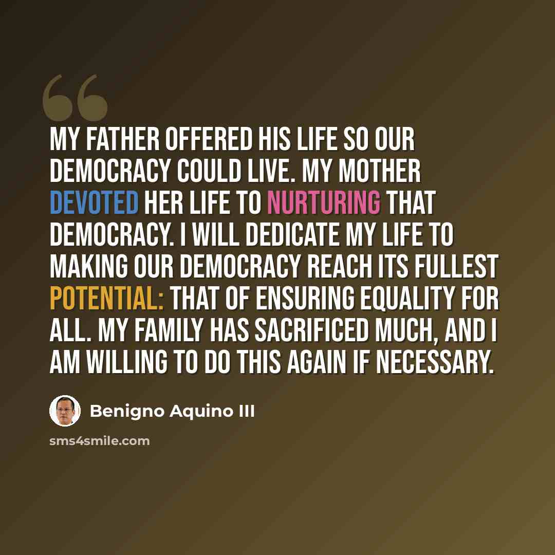 “My father offered his life so our democracy could live. My mother devoted her life to nurturing that democracy. I will dedicate my life to making our democracy reach its fullest potential: that of ensuring equality for all. My family has sacrificed much, and I am willing to do this again if…” quote by Benigno Aquino III
