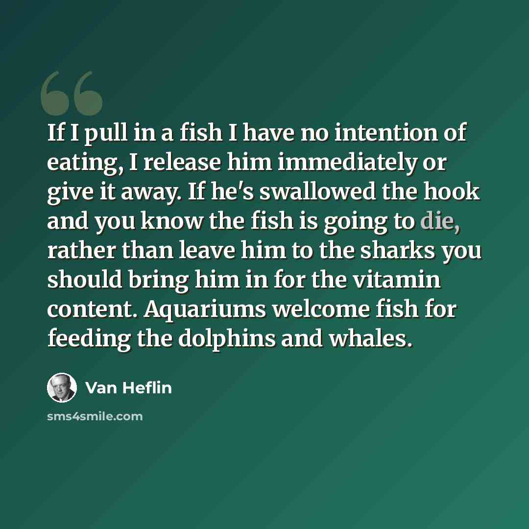 “If I pull in a fish I have no intention of eating, I release him immediately or give it away. If he's swallowed the hook and you know the fish is going to die, rather than leave him to the sharks you should bring him in for the vitamin content. Aquariums welcome fish for feeding the dolphins and…” quote by Van Heflin