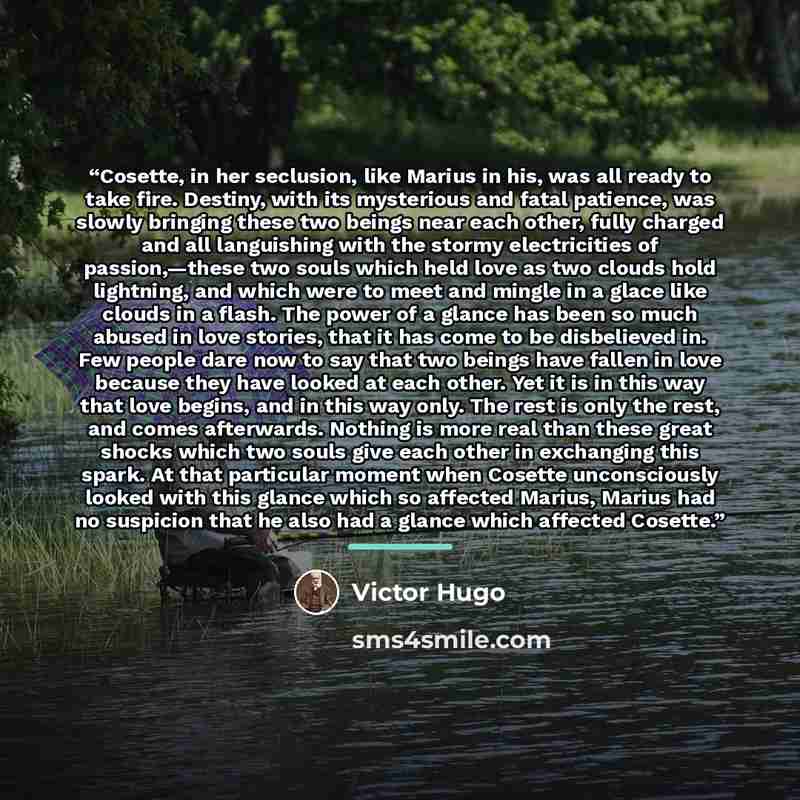 “Cosette, in her seclusion, like Marius in his, was all ready to take fire. Destiny, with its mysterious and fatal patience, was slowly bringing these two beings near each other, fully charged and all languishing with the stormy electricities of passion,—these two souls which held love as two…” quote by Victor Hugo