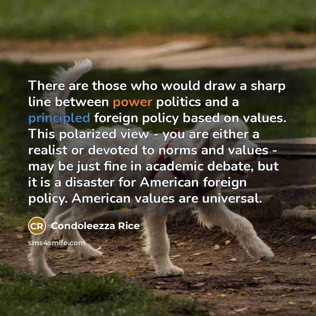 “There are those who would draw a sharp line between power politics and a principled foreign policy based on values. This polarized view - you are either a realist or devoted to norms and values - may be just fine in academic debate, but it is a disaster for American foreign policy. American values…” quote by Condoleezza Rice