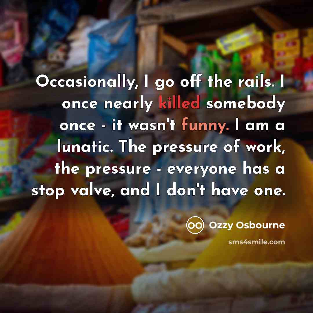 “Occasionally, I go off the rails. I once nearly killed somebody once - it wasn't funny. I am a lunatic. The pressure of work, the pressure - everyone has a stop valve, and I don't have one.” quote by Ozzy Osbourne
