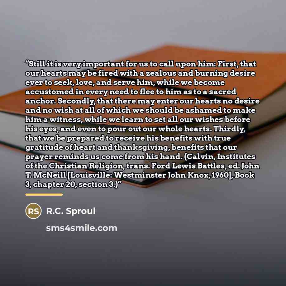 “Still it is very important for us to call upon him: First, that our hearts may be fired with a zealous and burning desire ever to seek, love, and serve him, while we become accustomed in every need to flee to him as to a sacred anchor. Secondly, that there may enter our hearts no desire and no…” quote by R.C. Sproul