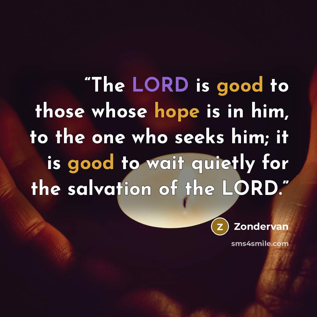 “The LORD is good to those whose hope is in him, to the one who seeks him; it is good to wait quietly for the salvation of the LORD.” quote by Zondervan