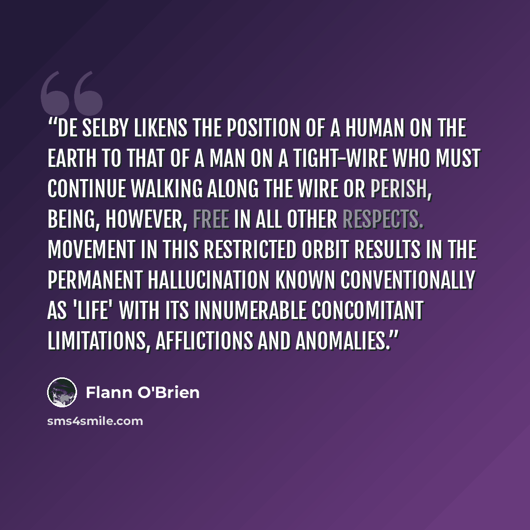 “De Selby likens the position of a human on the earth to that of a man on a tight-wire who must continue walking along the wire or perish, being, however, free in all other respects. Movement in this restricted orbit results in the permanent hallucination known conventionally as 'life' with its…” quote by Flann O'Brien