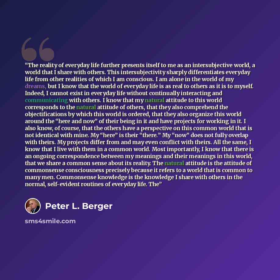 “The reality of everyday life further presents itself to me as an intersubjective world, a world that I share with others. This intersubjectivity sharply differentiates everyday life from other realities of which I am conscious. I am alone in the world of my dreams, but I know that the world of…” quote by Peter L. Berger
