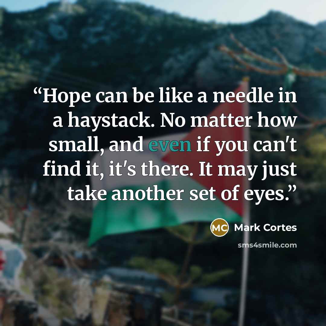“Hope can be like a needle in a haystack. No matter how small, and even if you can't find it, it's there. It may just take another set of eyes.” quote by Mark Cortes