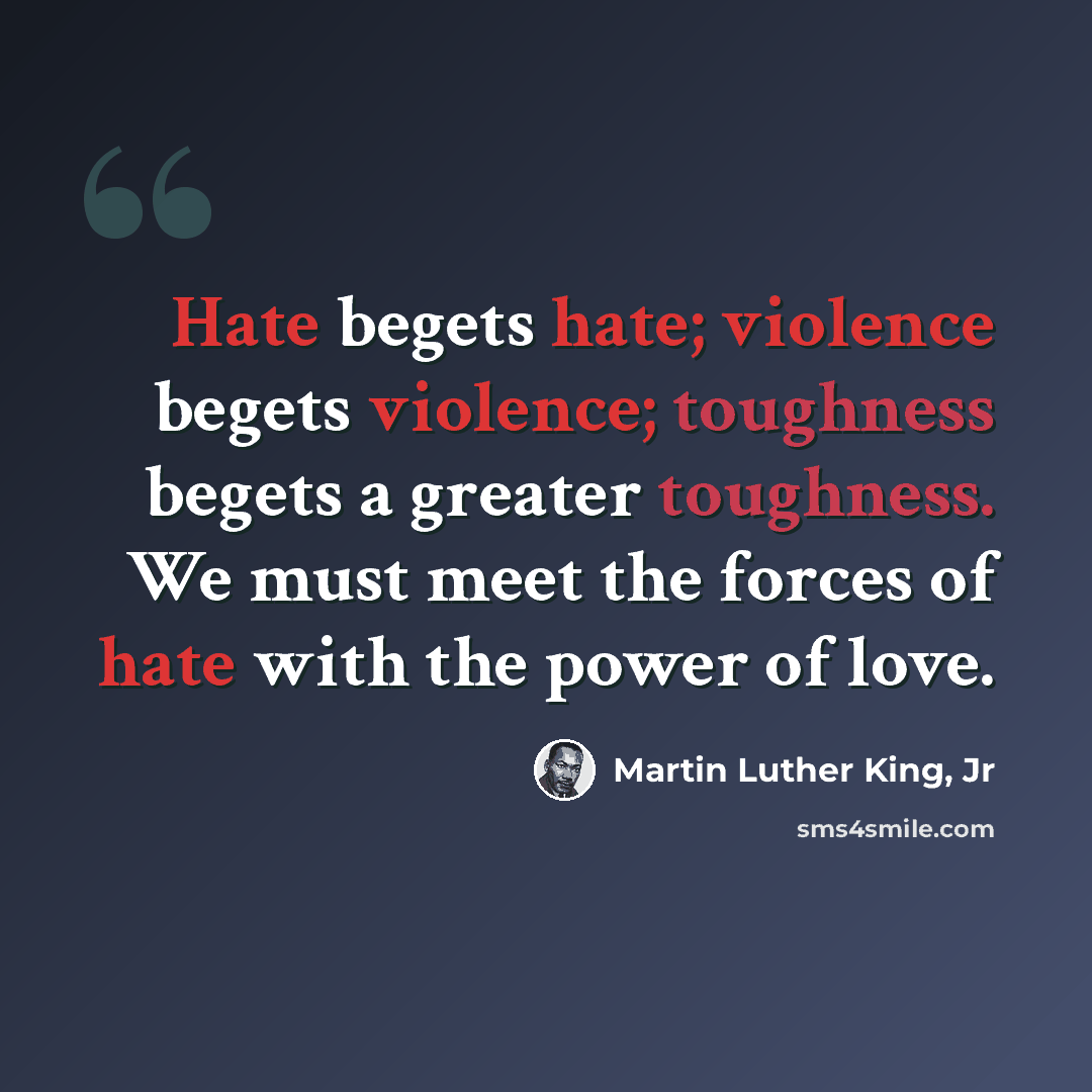 “Hate begets hate; violence begets violence; toughness begets a greater toughness. We must meet the forces of hate with the power of love.” quote by Martin Luther King, Jr