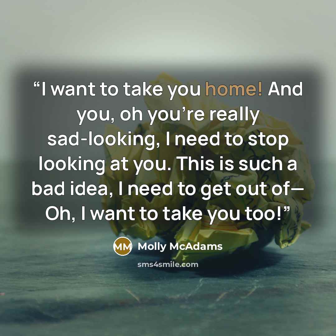 “I want to take you home! And you, oh you’re really sad-looking, I need to stop looking at you. This is such a bad idea, I need to get out of— Oh, I want to take you too!” quote by Molly McAdams