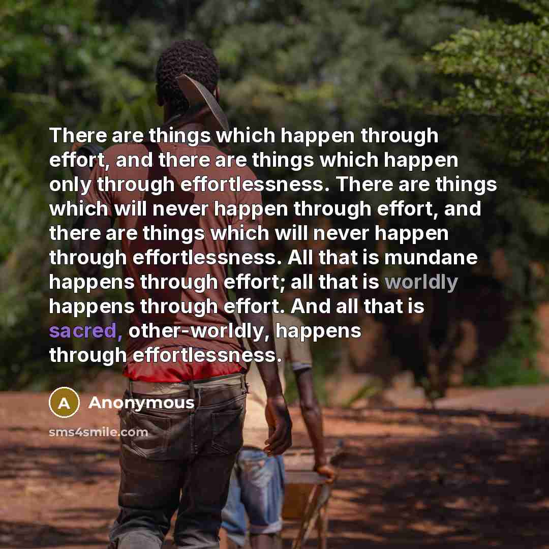 “There are things which happen through effort, and there are things which happen only through effortlessness. There are things which will never happen through effort, and there are things which will never happen through effortlessness. All that is mundane happens through effort; all that is worldly…” quote by Anonymous