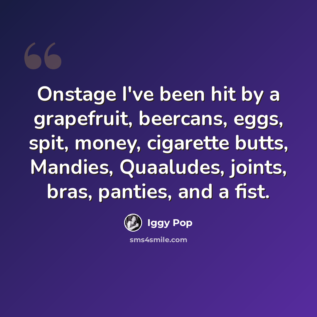 “Onstage I've been hit by a grapefruit, beercans, eggs, spit, money, cigarette butts, Mandies, Quaaludes, joints, bras, panties, and a fist.” quote by Iggy Pop