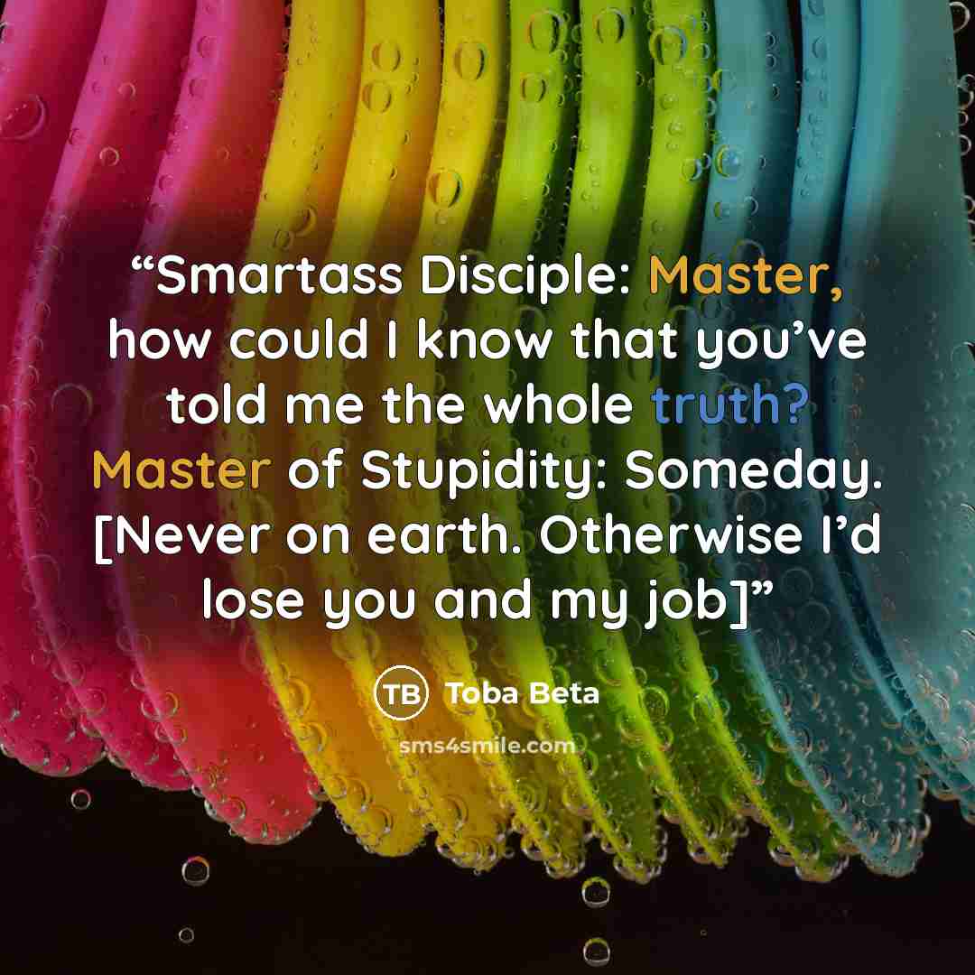“Smartass Disciple: Master, how could I know that you’ve told me the whole truth? Master of Stupidity: Someday. [Never on earth. Otherwise I’d lose you and my job]” quote by Toba Beta