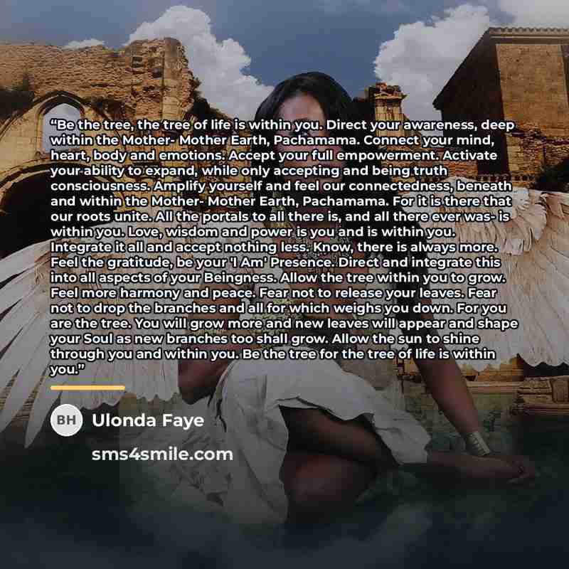 “Be the tree, the tree of life is within you. Direct your awareness, deep within the Mother- Mother Earth, Pachamama. Connect your mind, heart, body and emotions. Accept your full empowerment. Activate your ability to expand, while only accepting and being truth consciousness. Amplify yourself and…” quote by Ulonda Faye