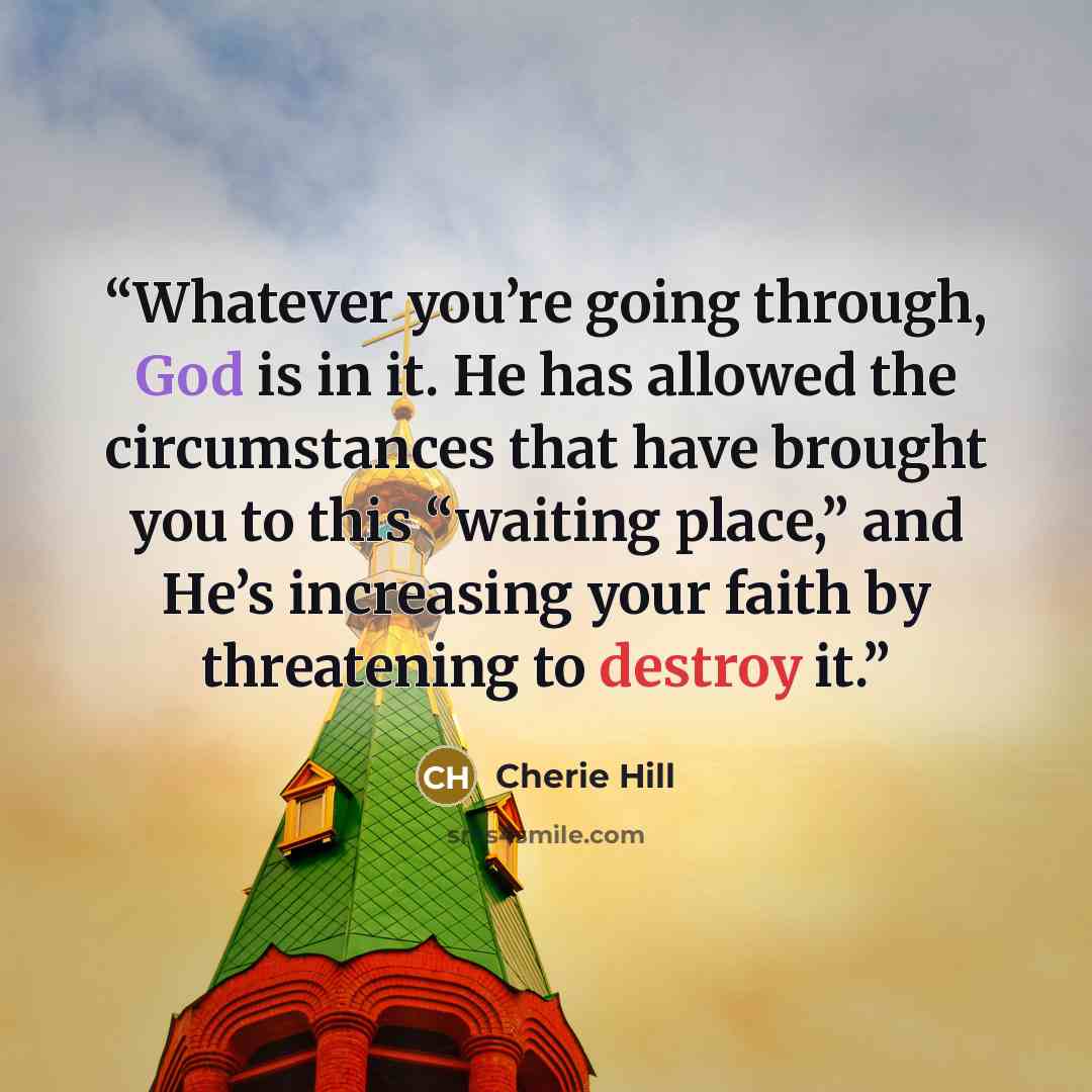 “Whatever you’re going through, God is in it. He has allowed the circumstances that have brought you to this “waiting place,” and He’s increasing your faith by threatening to destroy it.” quote by Cherie Hill