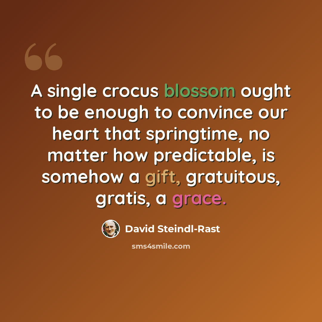 “A single crocus blossom ought to be enough to convince our heart that springtime, no matter how predictable, is somehow a gift, gratuitous, gratis, a grace.” quote by David Steindl-Rast
