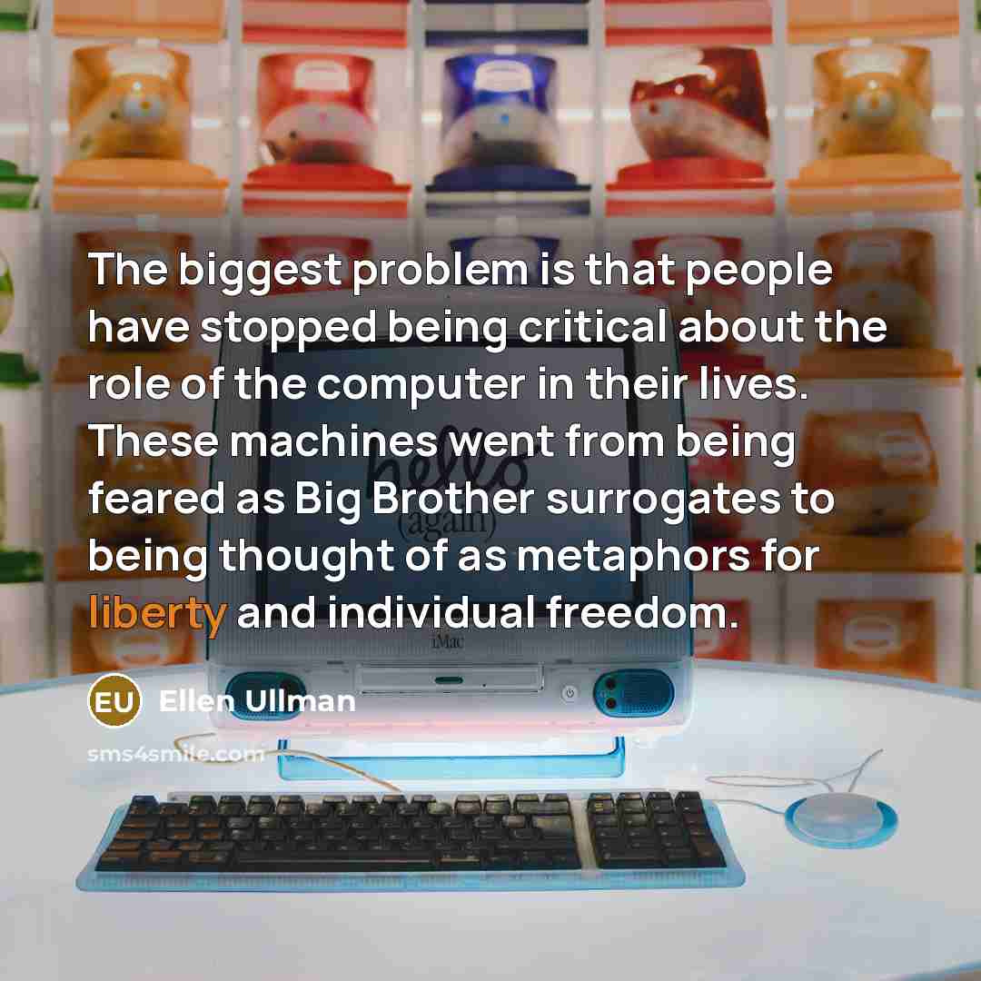 “The biggest problem is that people have stopped being critical about the role of the computer in their lives. These machines went from being feared as Big Brother surrogates to being thought of as metaphors for liberty and individual freedom.” quote by Ellen Ullman