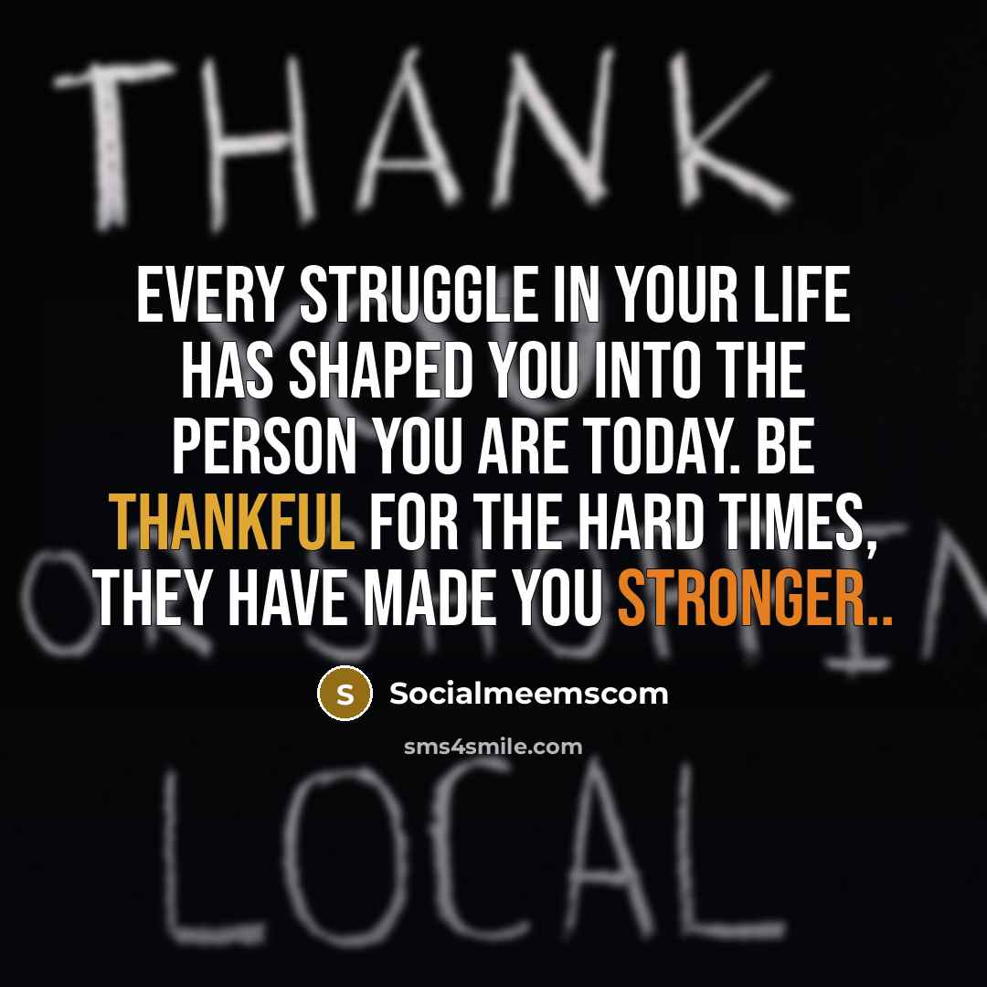 “Every struggle in your life has shaped you into the person you are today. Be thankful for the hard times, they have made you stronger..” quote by Socialmeemscom