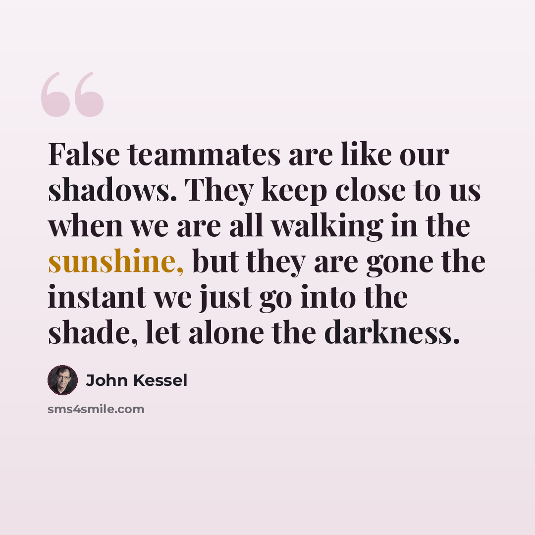 “False teammates are like our shadows. They keep close to us when we are all walking in the sunshine, but they are gone the instant we just go into the shade, let alone the darkness.” quote by John Kessel